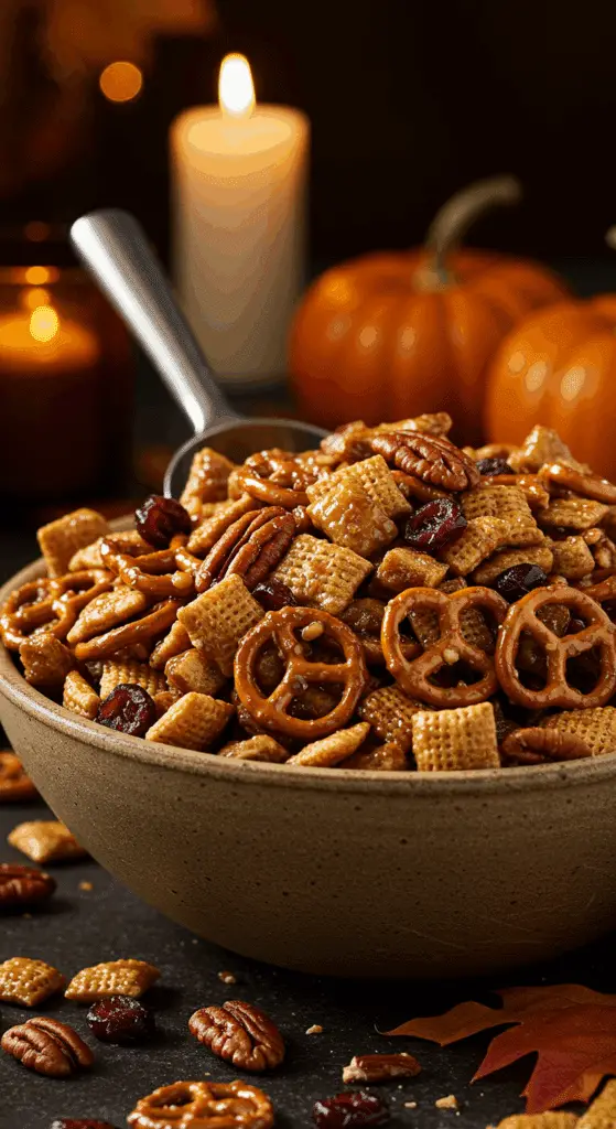 A beautiful, rustic serving bowl of homemade, easy, and elegant Thanksgiving Snack Mix, with a glossy glaze and a colorful medley of cereals, crackers, and cranberries.