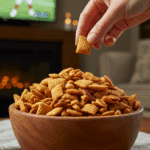 A cozy bowl of a homemade, elegant, and crunchy Thanksgiving Snack Mix, being served on a coffee table while watching a football game.
