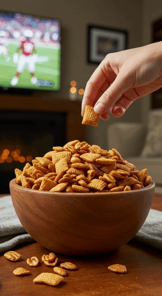 A cozy bowl of a homemade, elegant, and crunchy Thanksgiving Snack Mix, being served on a coffee table while watching a football game.