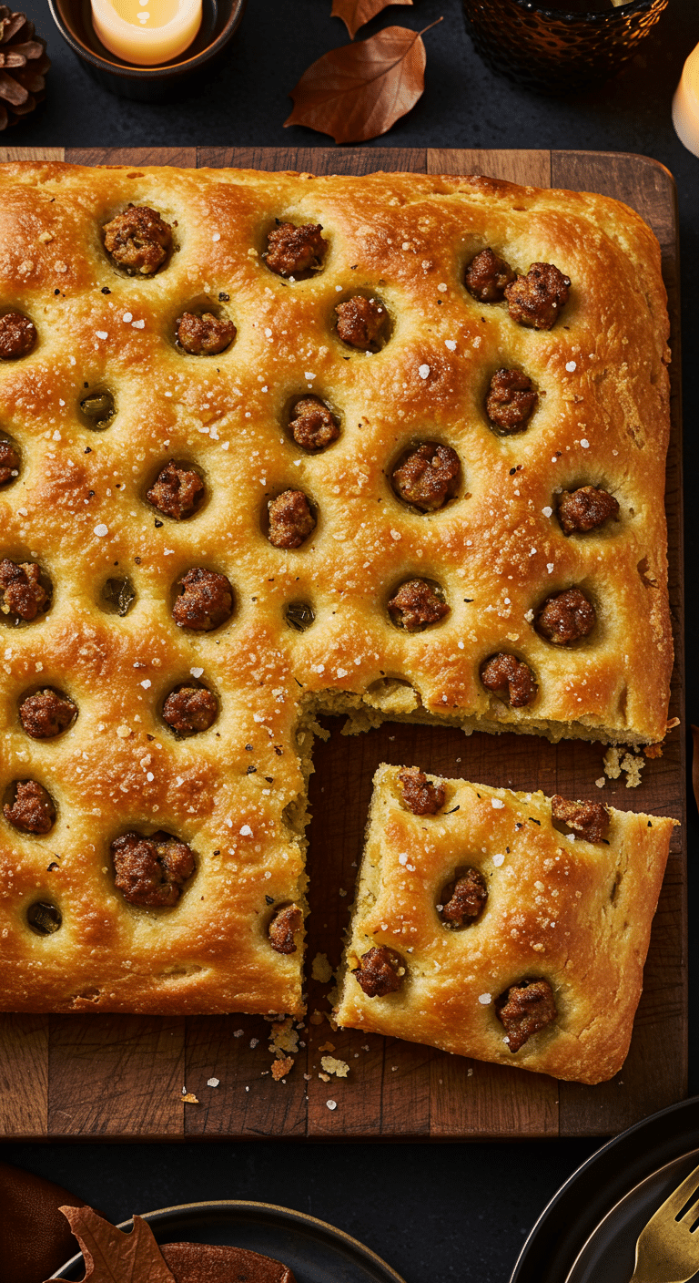 A beautiful, overhead shot of a homemade, festive, and golden-brown Thanksgiving Stuffing Focaccia, with a crispy, sausage-topped crust and a fluffy, open crumb.