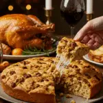 The whole, homemade, impressive, and golden-brown Stuffing Focaccia being served as the centerpiece at a fun and sophisticated Thanksgiving party.