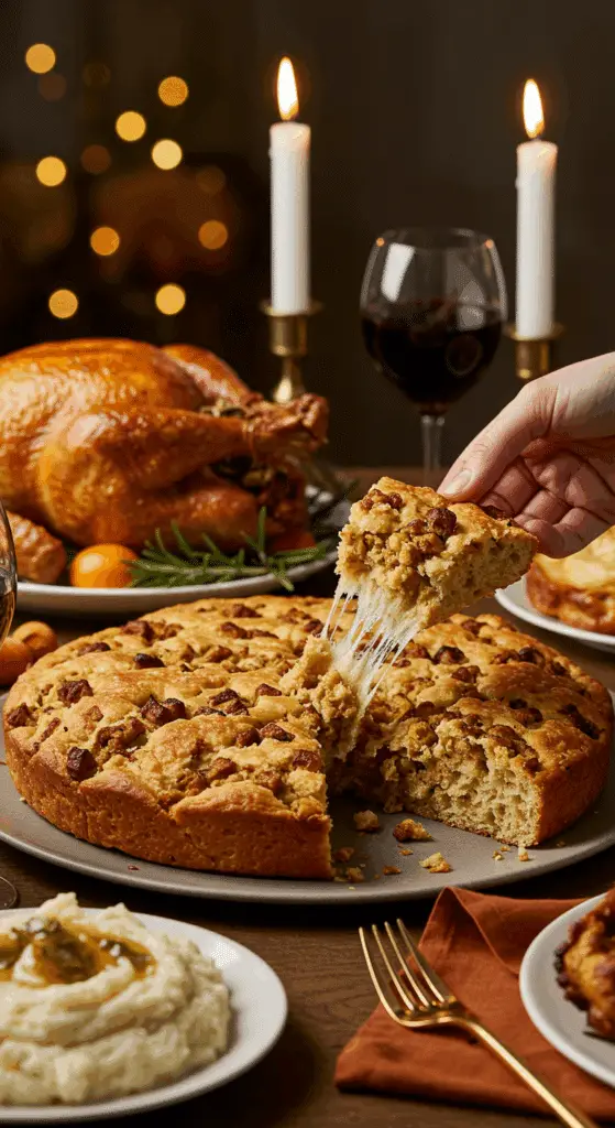 The whole, homemade, impressive, and golden-brown Stuffing Focaccia being served as the centerpiece at a fun and sophisticated Thanksgiving party.