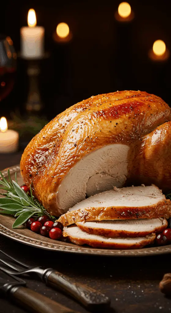 A beautiful, rustic platter with a homemade, juicy, and impressive Thanksgiving Turkey, with a crispy, golden-brown skin and a few thick, moist slices carved from the breast.