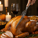 The whole, homemade, impressive, and golden-brown Brined Turkey being carved as the centerpiece at a fun and sophisticated Thanksgiving party.