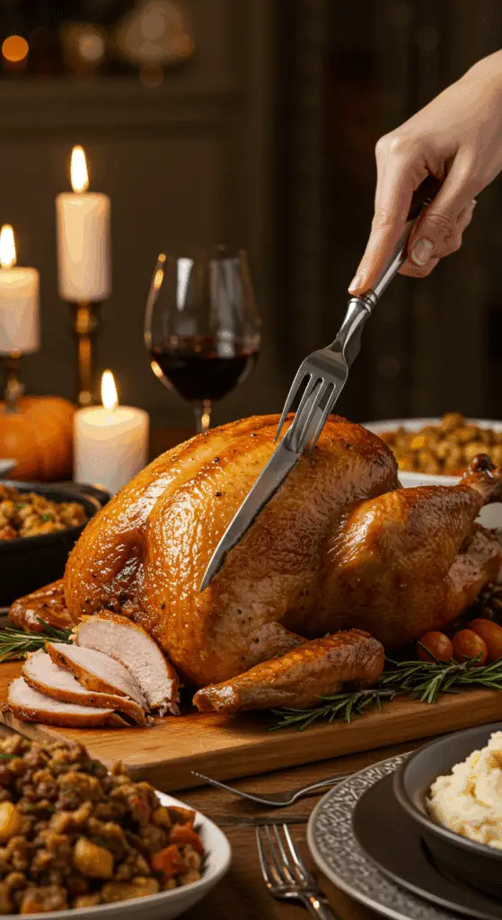 The whole, homemade, impressive, and golden-brown Brined Turkey being carved as the centerpiece at a fun and sophisticated Thanksgiving party.