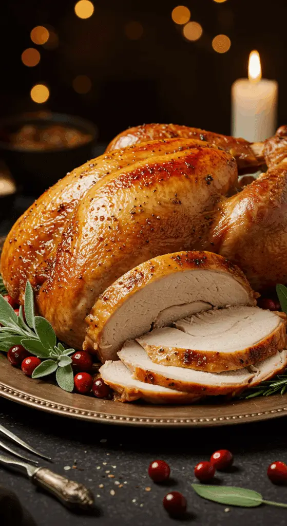 A beautiful, rustic platter with a homemade, juicy, and impressive Thanksgiving Turkey, with a crispy, golden-brown skin and a few thick, moist slices carved from the breast.