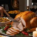 The whole, homemade, impressive, and golden-brown Roast Turkey being carved as the centerpiece at a fun and sophisticated Thanksgiving party.