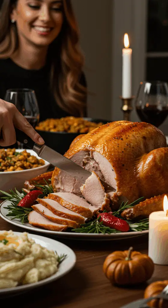 The whole, homemade, impressive, and golden-brown Roast Turkey being carved as the centerpiece at a fun and sophisticated Thanksgiving party.