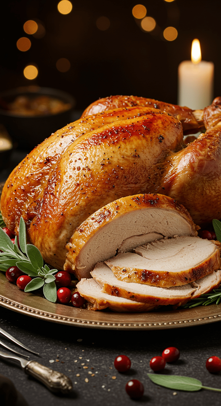 A beautiful, rustic platter with a homemade, juicy, and impressive Thanksgiving Turkey, with a crispy, golden-brown skin and a few thick, moist slices carved from the breast.