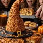 The whole, homemade, spooky, and giant Crispy Treat Witch Hat being served as the centerpiece at a fun and casual Halloween party.