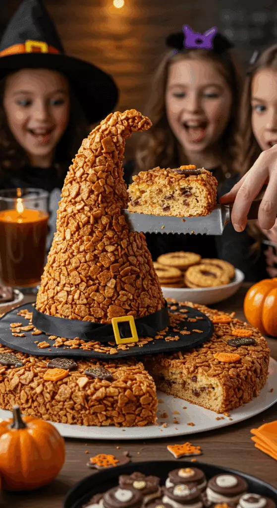 The whole, homemade, spooky, and giant Crispy Treat Witch Hat being served as the centerpiece at a fun and casual Halloween party.