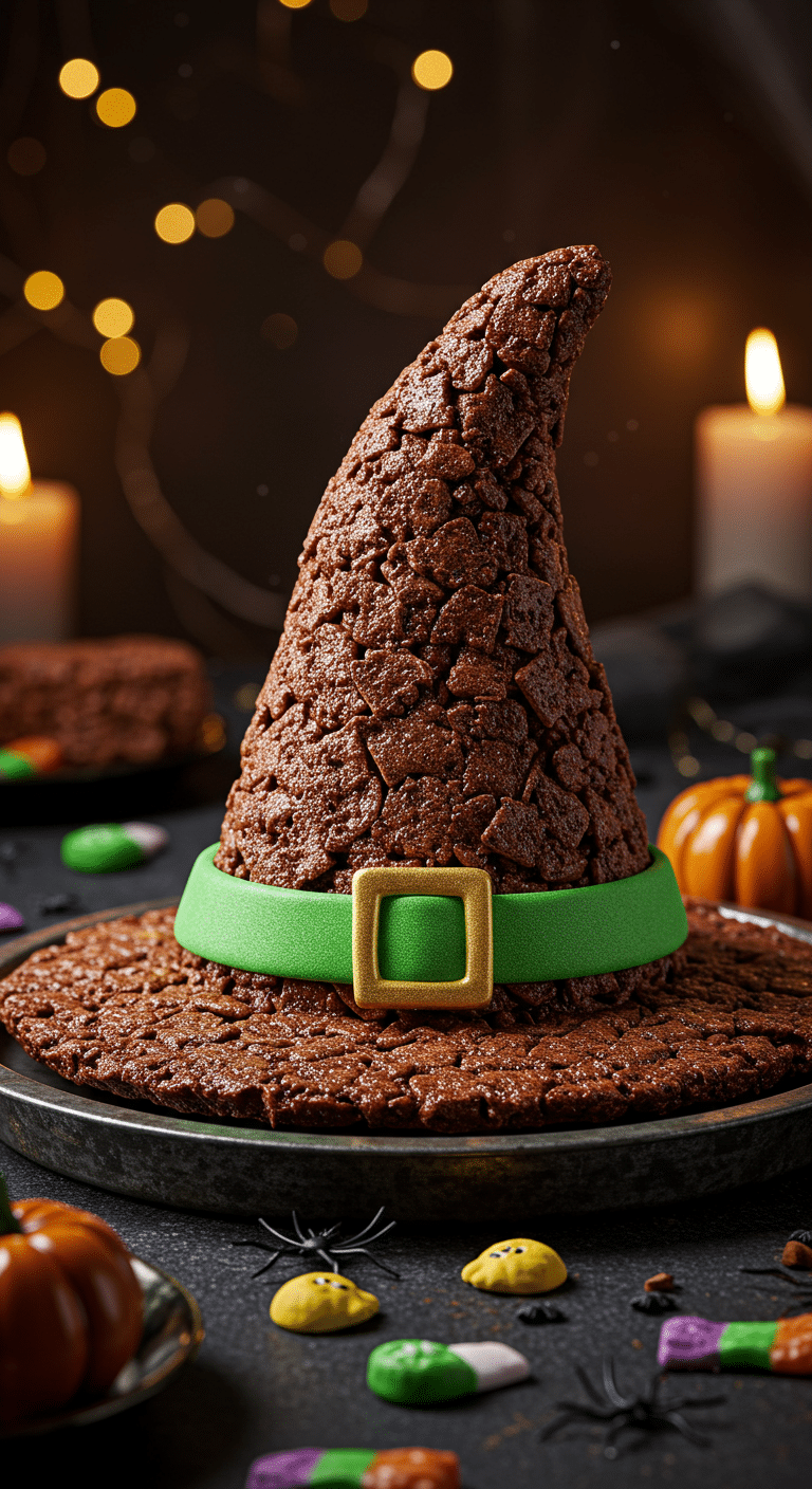 A beautiful, rustic platter with a homemade, spooky, and giant, 3D Crispy Treat Witch Hat, with a green hatband and a gold buckle