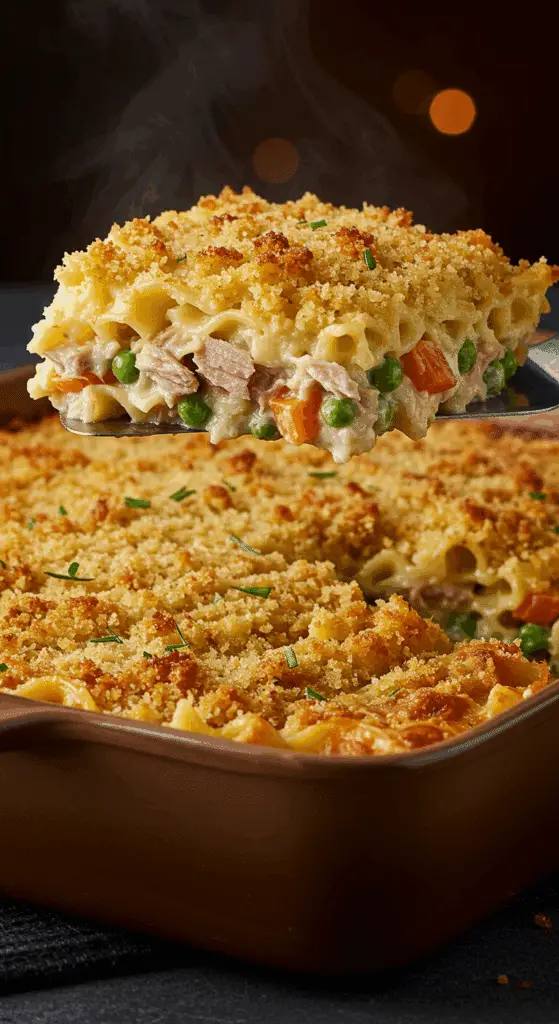 A beautiful, golden-brown homemade Healthy Tuna Noodle Casserole in a baking dish with a crispy breadcrumb topping and a creamy, chunky slice being lifted out.
