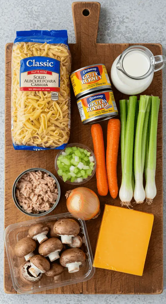 The simple, from-scratch ingredients for the classic and healthy homemade Tuna Noodle Casserole recipe.