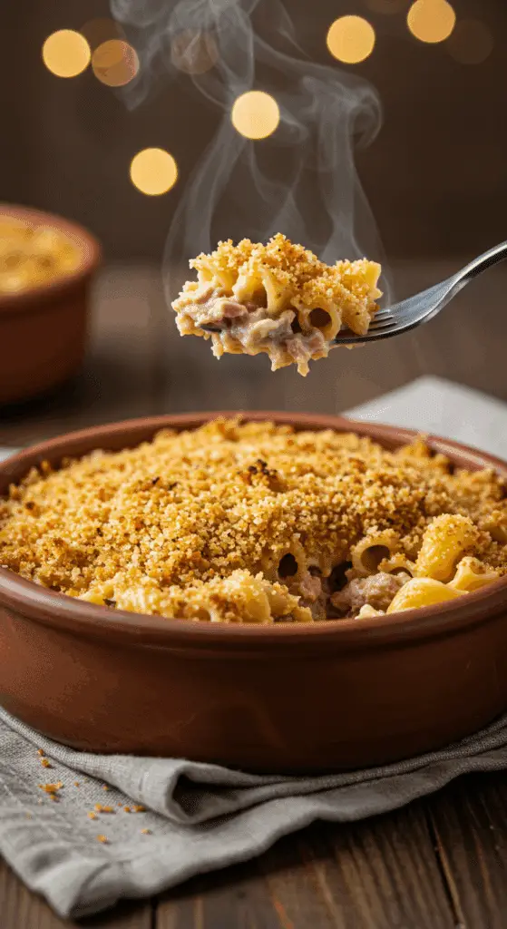 A cozy bowl of homemade, creamy, and crispy-topped Tuna Noodle Casserole being served for a family dinner.