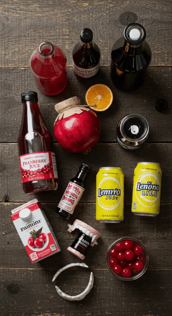 The simple, from-scratch ingredients for the easy and spooky "Vampire's Kiss" Punch recipe.
