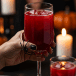 A hand holding an elegant glass of a homemade, red, and spooky "Vampire's Kiss" Punch at a fun and festive Halloween party.