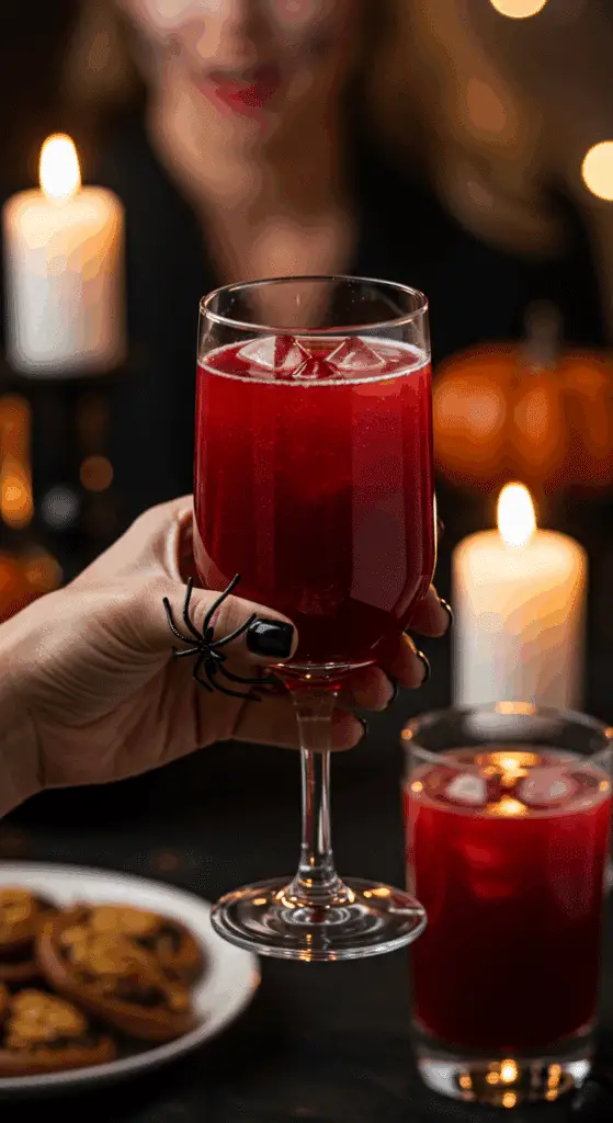 A hand holding an elegant glass of a homemade, red, and spooky "Vampire's Kiss" Punch at a fun and festive Halloween party.