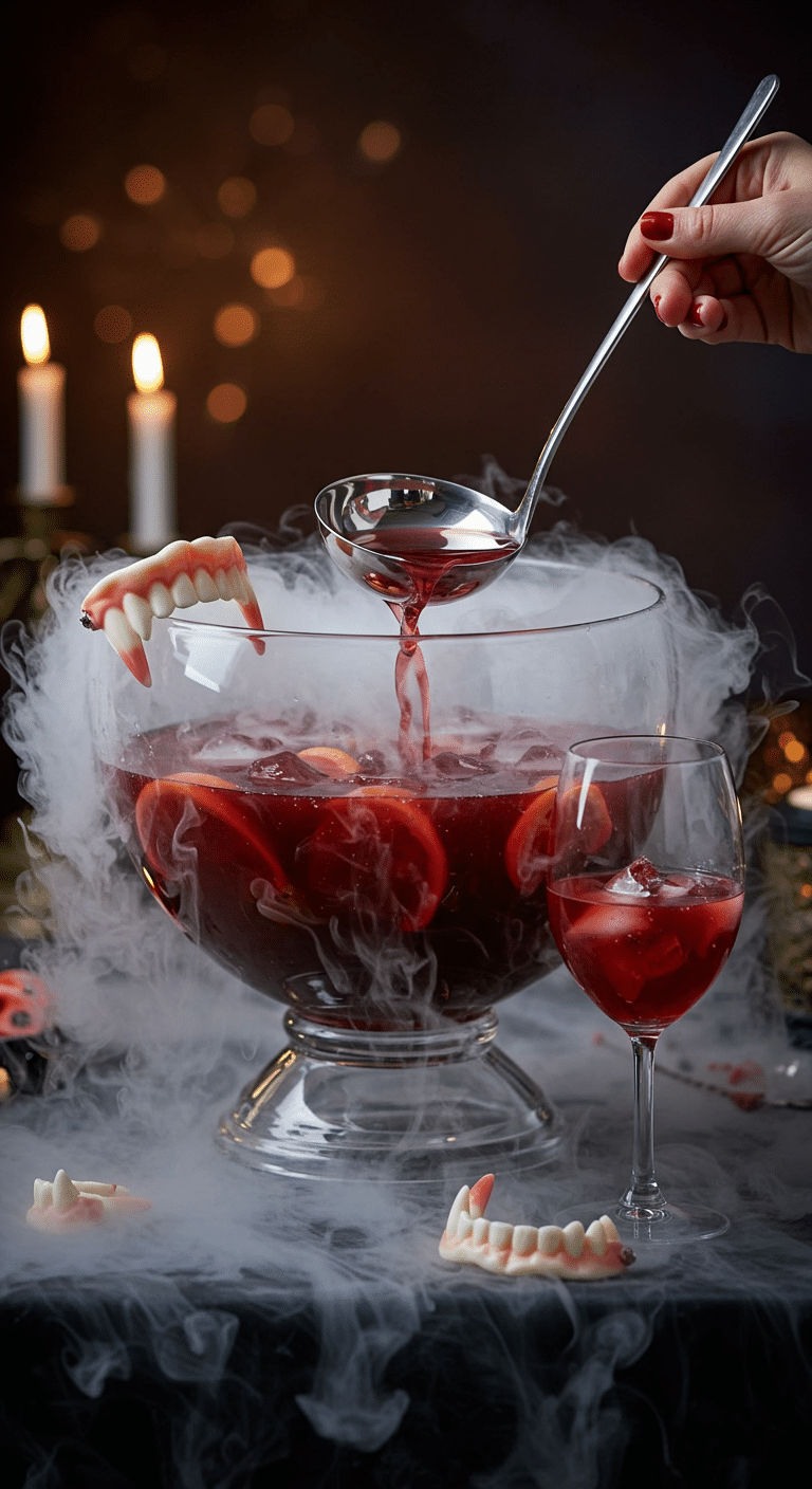 A beautiful, large glass punch bowl of a homemade, spooky, and deep red "Vampire's Kiss" Punch, with plastic vampire fangs and a dry ice fog effect.