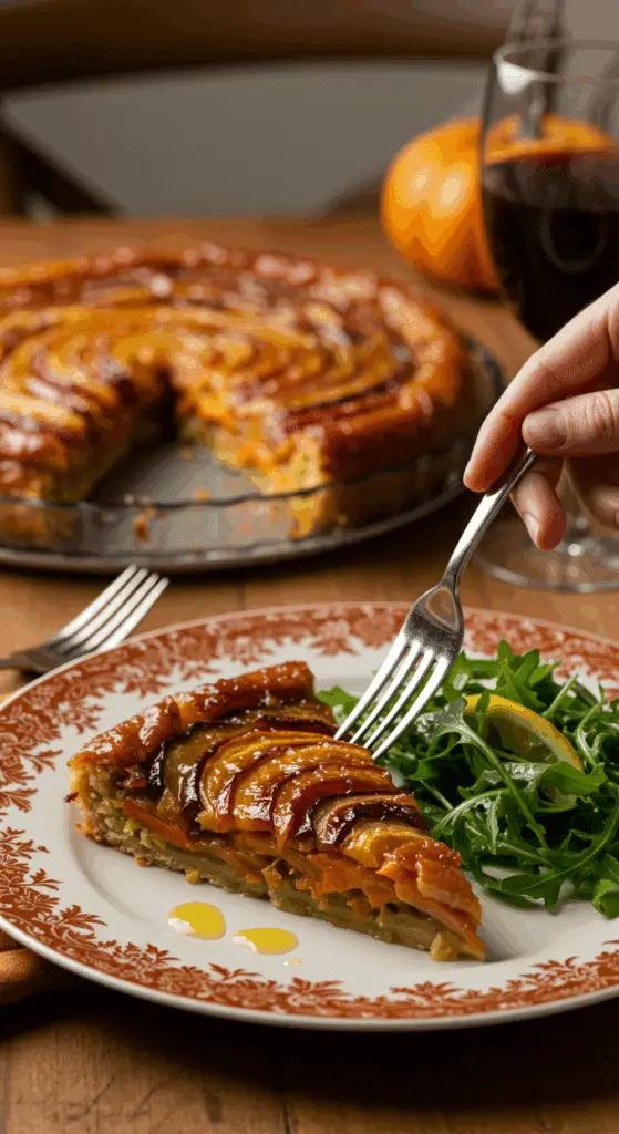 A beautiful plate of a homemade, elegant, and glossy Savory Vegetable Tarte Tatin, being served with a simple green salad at a Thanksgiving dinner.