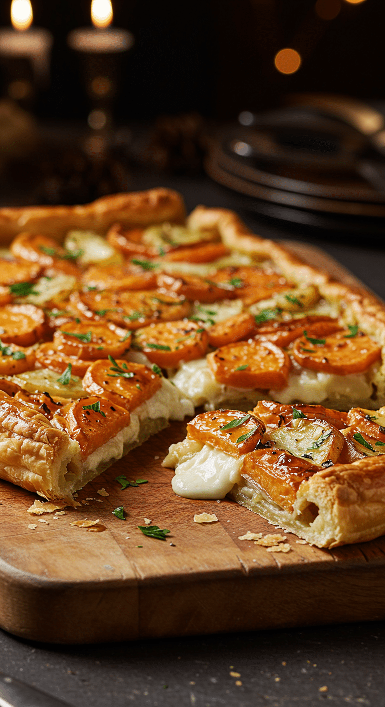 A beautiful, rustic cutting board with a homemade, easy, and elegant Savory Vegetable Tarte Tatin, with a flaky puff pastry crust and a glossy, caramelized root vegetable topping.