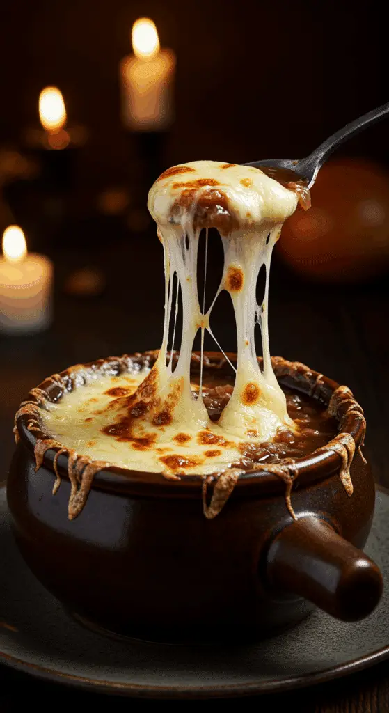A beautiful, rustic crock of homemade, cheesy Vegetarian French Onion Soup, with a thick, golden-brown, broiled Gruyère cheese topping and an epic cheese pull.