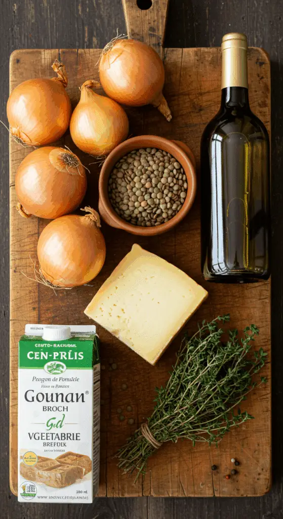 The simple, from-scratch ingredients for the classic and cheesy Vegetarian French Onion Soup recipe