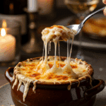 A cozy bowl of homemade, cheesy Vegetarian French Onion Soup being enjoyed with a spoon at a candlelit dinner.