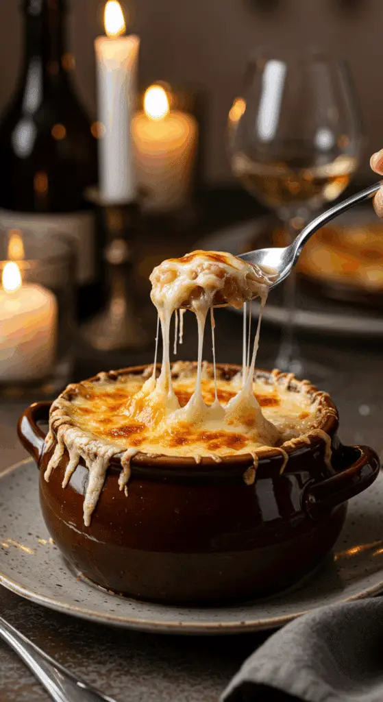 A cozy bowl of homemade, cheesy Vegetarian French Onion Soup being enjoyed with a spoon at a candlelit dinner.