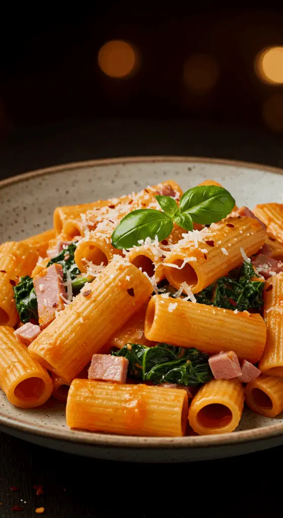 A beautiful, rustic bowl of homemade, creamy, and spicy Vodka Rigatoni, with a luscious, rosy-pink sauce, ham, and kale.