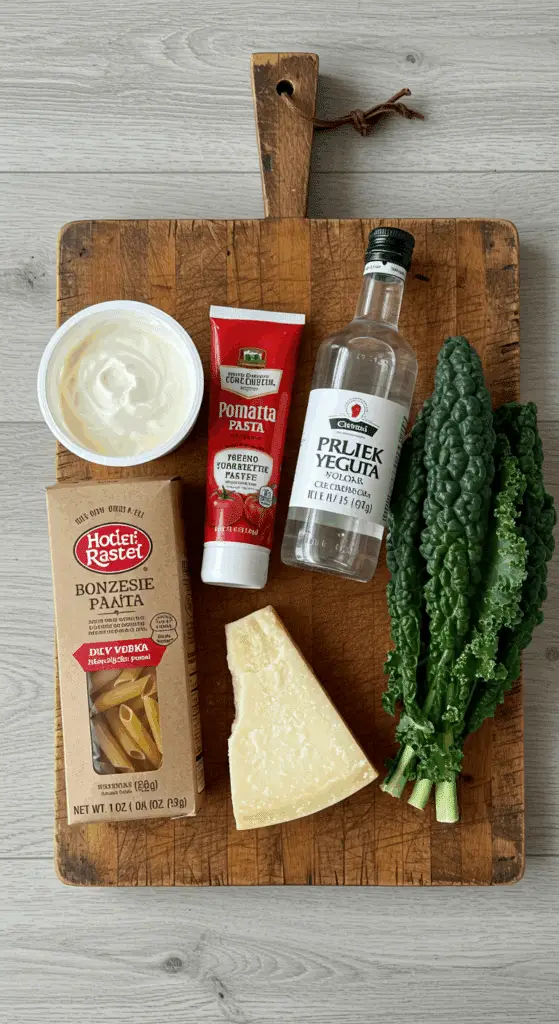 The simple, from-scratch ingredients for the classic, creamy, and healthy Spicy Vodka Rigatoni recipe.