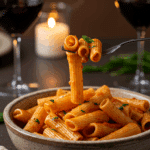 A cozy bowl of homemade, creamy Spicy Vodka Rigatoni being enjoyed for a casual, romantic dinner.