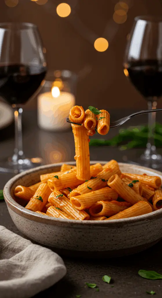 A cozy bowl of homemade, creamy Spicy Vodka Rigatoni being enjoyed for a casual, romantic dinner.