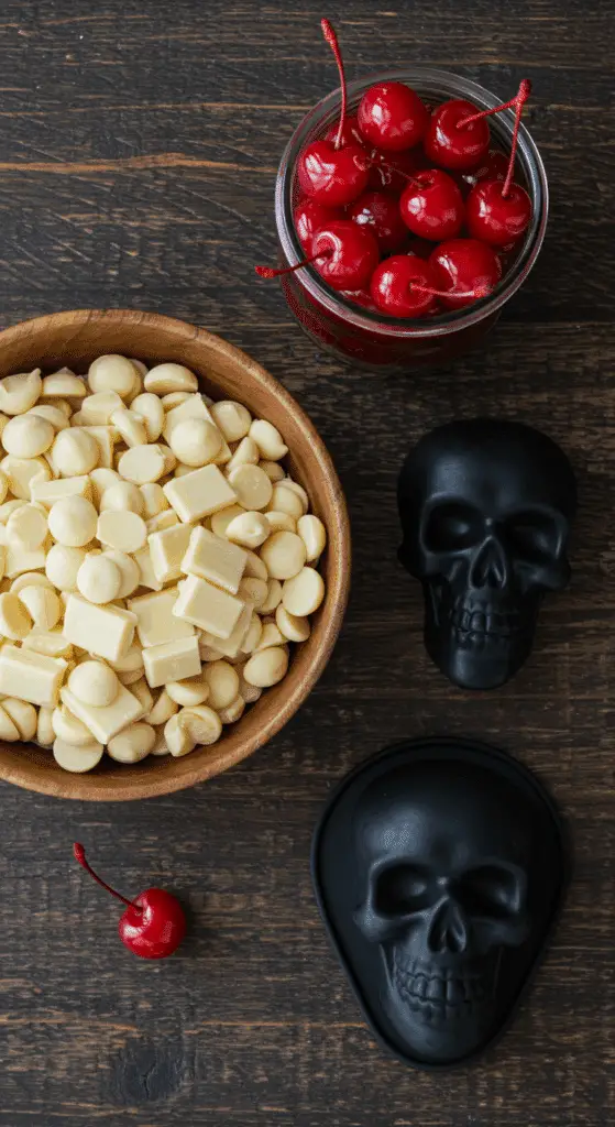 The simple, 2-ingredient components for the easy and spooky White Chocolate Cherry Skulls recipe.