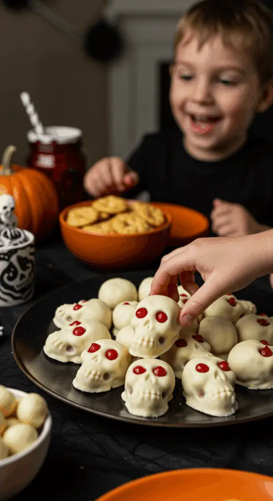 A large platter of homemade, spooky, and adorable White Chocolate Cherry Skulls being served at a fun and casual Halloween party.
