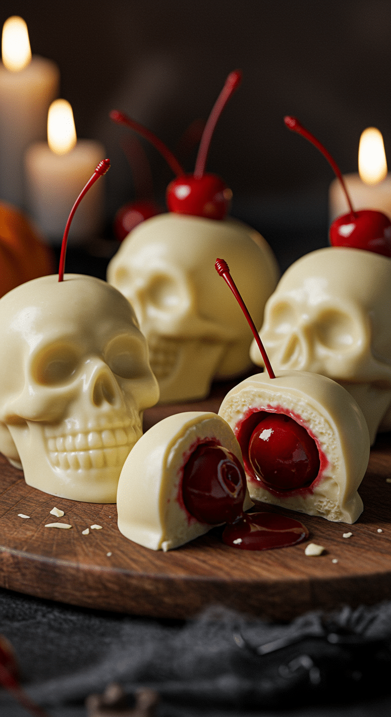A beautiful, rustic platter of homemade, spooky, and fun White Chocolate Cherry Skulls, with one broken in half to show the surprise cherry filling inside.