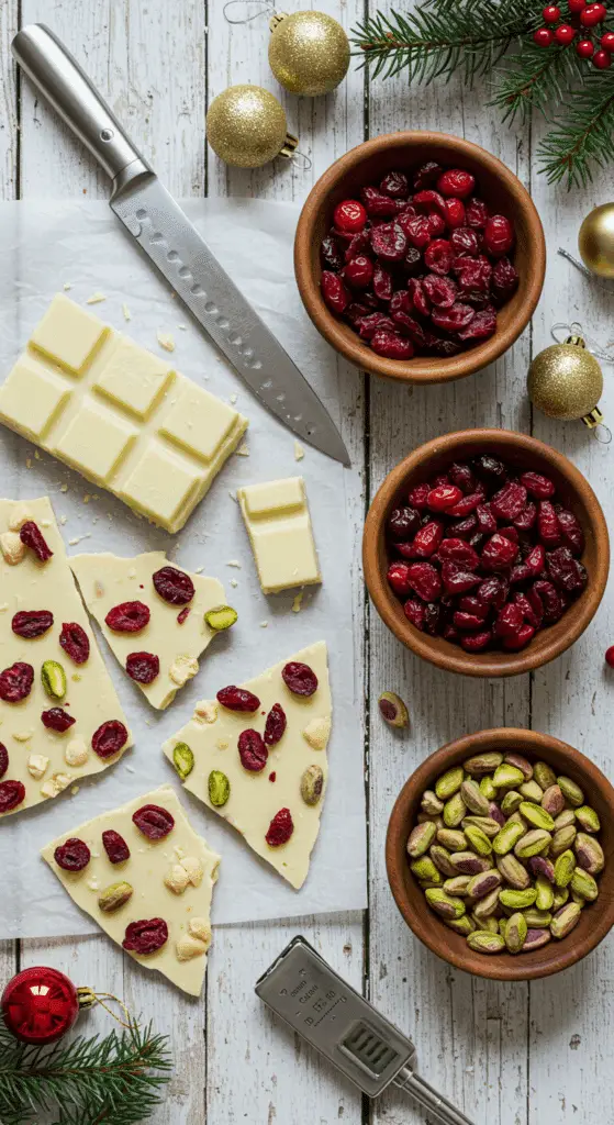 The simple, from-scratch ingredients for the easy and festive White Chocolate Holiday Bark with pistachios and cranberries.