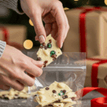 A pair of hands carefully arranging beautiful, colorful shards of a homemade White Chocolate Holiday Bark in a clear cellophane bag as a homemade Christmas gift.