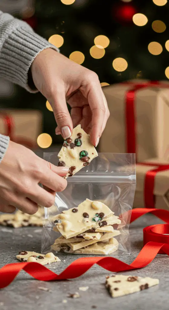 A pair of hands carefully arranging beautiful, colorful shards of a homemade White Chocolate Holiday Bark in a clear cellophane bag as a homemade Christmas gift.
