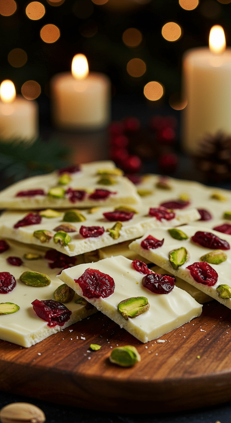 A beautiful, rustic platter of homemade, festive White Chocolate Holiday Bark, with a glossy shine and studded with red cranberries and green pistachios.