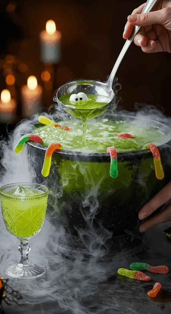 A beautiful, large, cauldron-shaped punch bowl of a homemade, spooky, and green "Witch's Brew" Kiwi Punch, with a bubbling top, creepy gummy worms, and a dry ice fog effect.