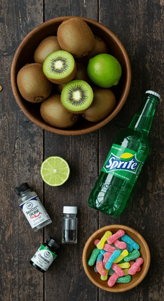 The simple, from-scratch ingredients for the easy and spooky "Witch's Brew" Kiwi Punch recipe.