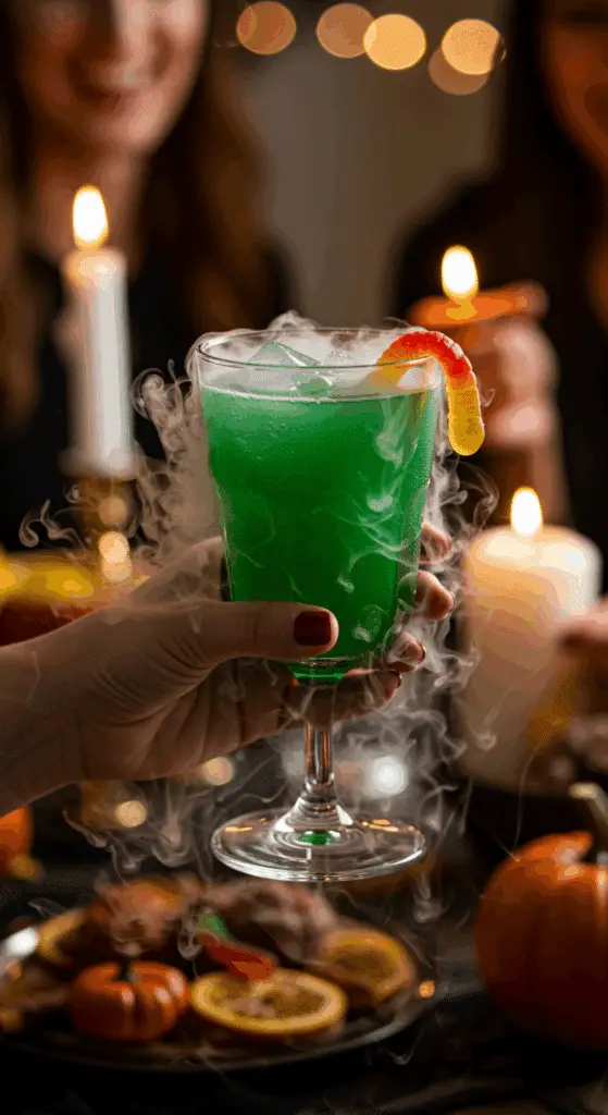 A hand holding an elegant glass of a homemade, green, and spooky "Witch's Brew" Punch at a fun and festive Halloween party.