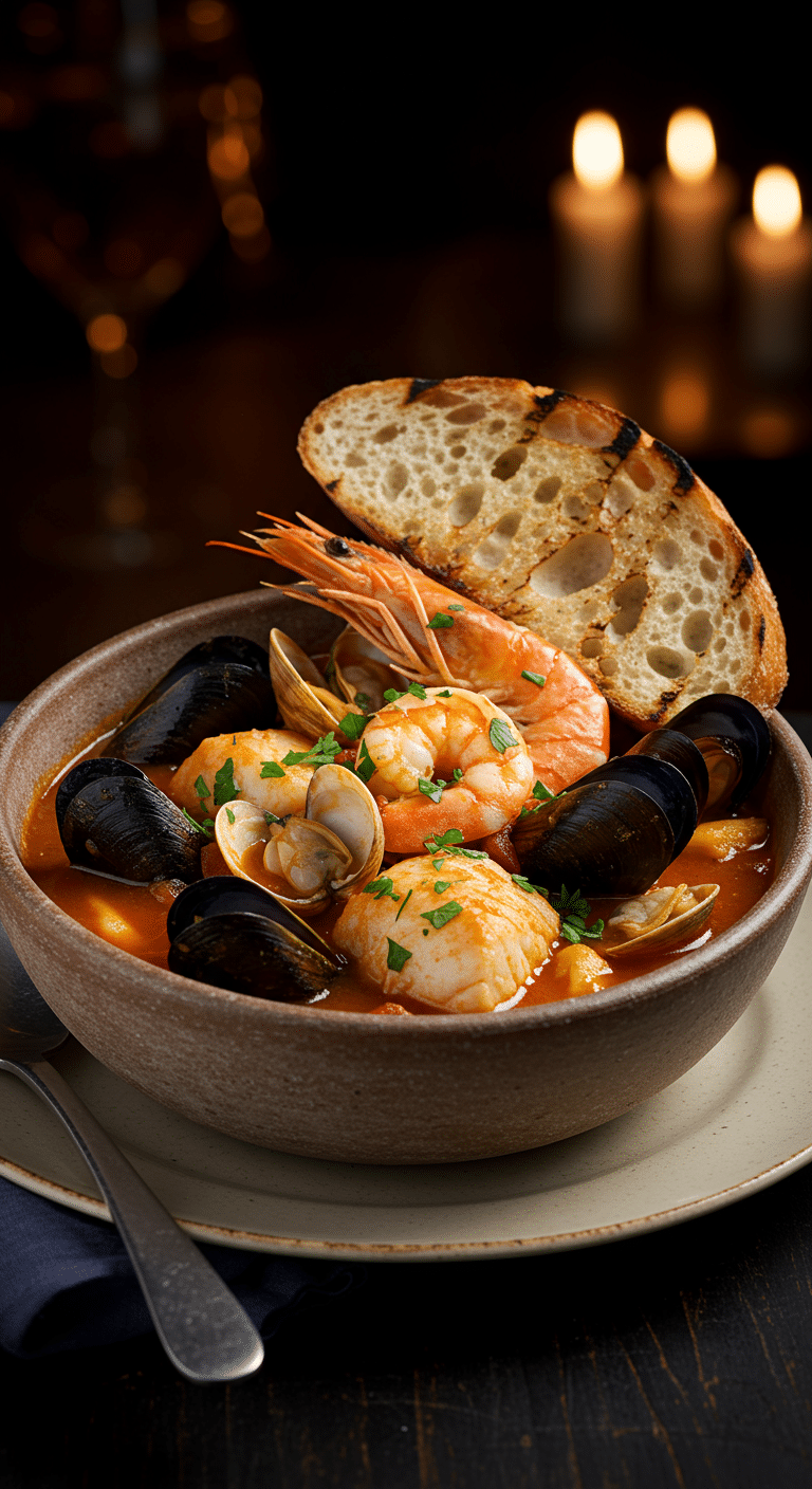 A beautiful, rustic bowl of homemade, authentic Cioppino, with a rich red broth and a beautiful medley of fresh clams, mussels, and shrimp.