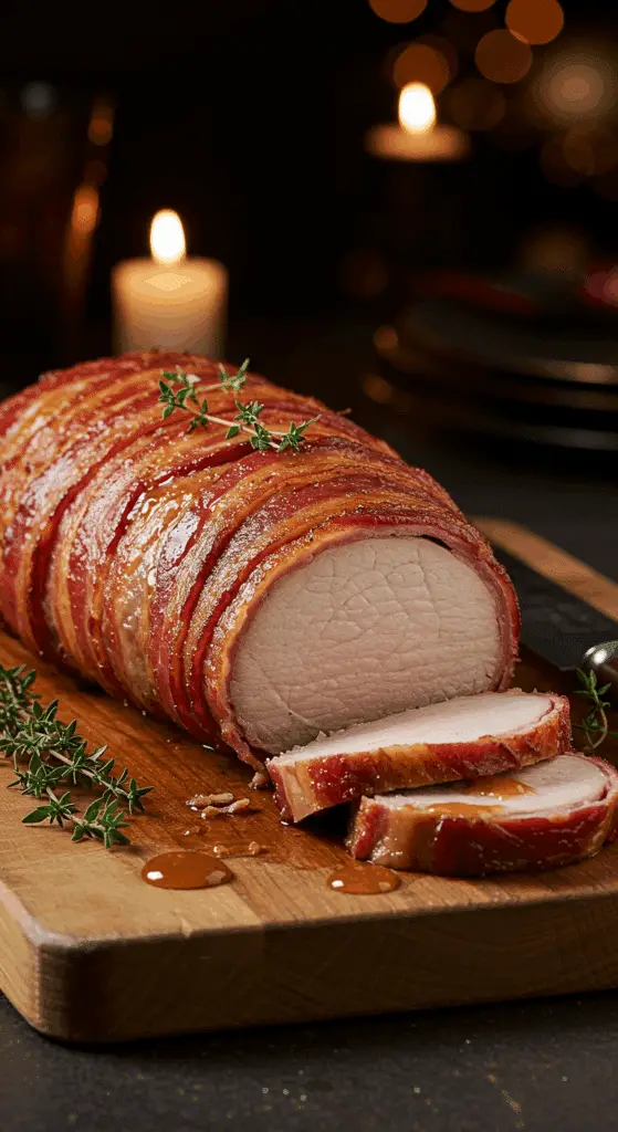 A beautiful, rustic cutting board with a homemade, juicy, and impressive Bacon-Wrapped Pork Tenderloin, with a crispy, golden-brown bacon crust and a juicy, pinkish-white interior.