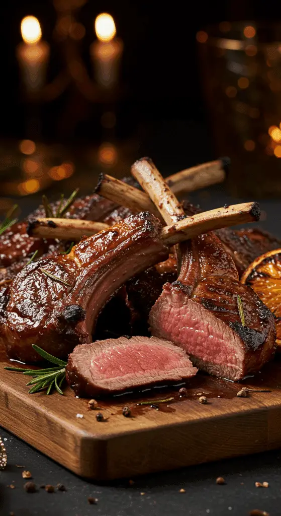 A beautiful, rustic platter of homemade, easy, and elegant Broiled Lamb Chops, with a glossy, dark honey-glaze crust and a perfect, rosy-pink, medium-rare interior.