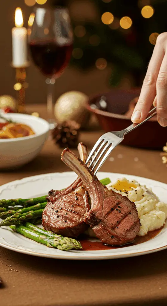 A beautiful plate of a homemade, elegant, and glossy Broiled Lamb Chops, being served with creamy mashed potatoes and roasted asparagus at a holiday dinner.