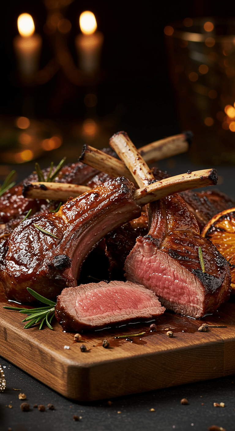A beautiful, rustic platter of homemade, easy, and elegant Broiled Lamb Chops, with a glossy, dark honey-glaze crust and a perfect, rosy-pink, medium-rare interior.