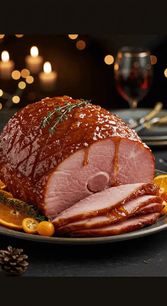 A beautiful, elegant platter with a homemade, juicy, and impressive Holiday Brown Sugar-Citrus Glazed Ham, with a glossy, dark glaze dripping down the spiral slices.