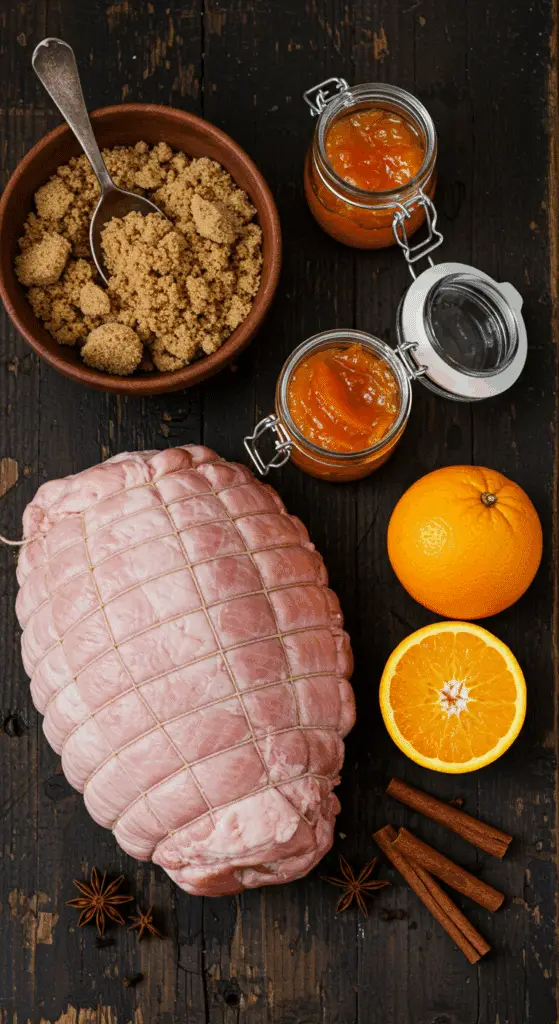 The simple, from-scratch ingredients for the classic and impressive Holiday Brown Sugar-Citrus Glazed Ham.